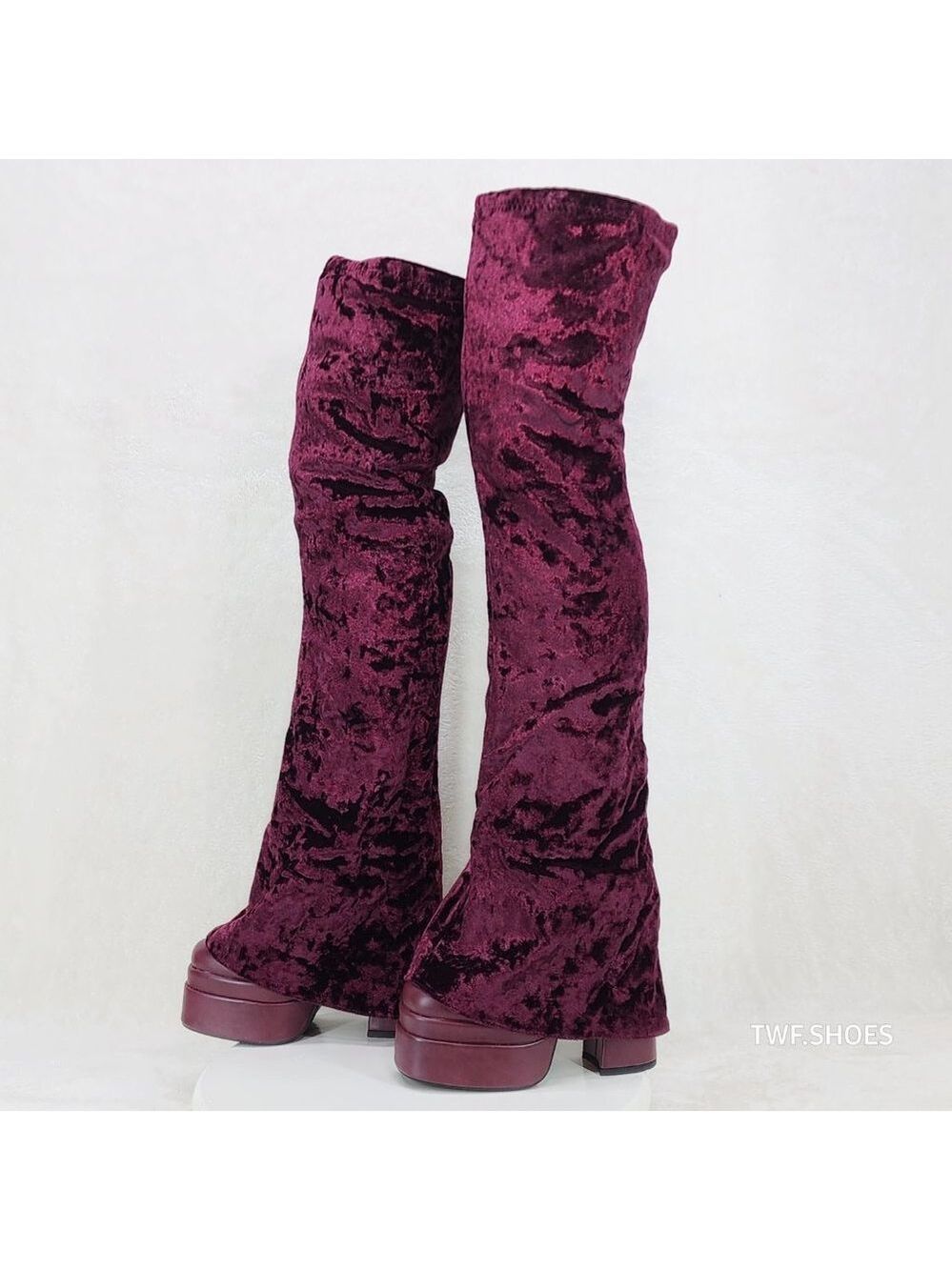 Good Will Unique Thigh High Wine Red Velvet Fold over Chunky Heel Platform Boots - Picture 6 of 10